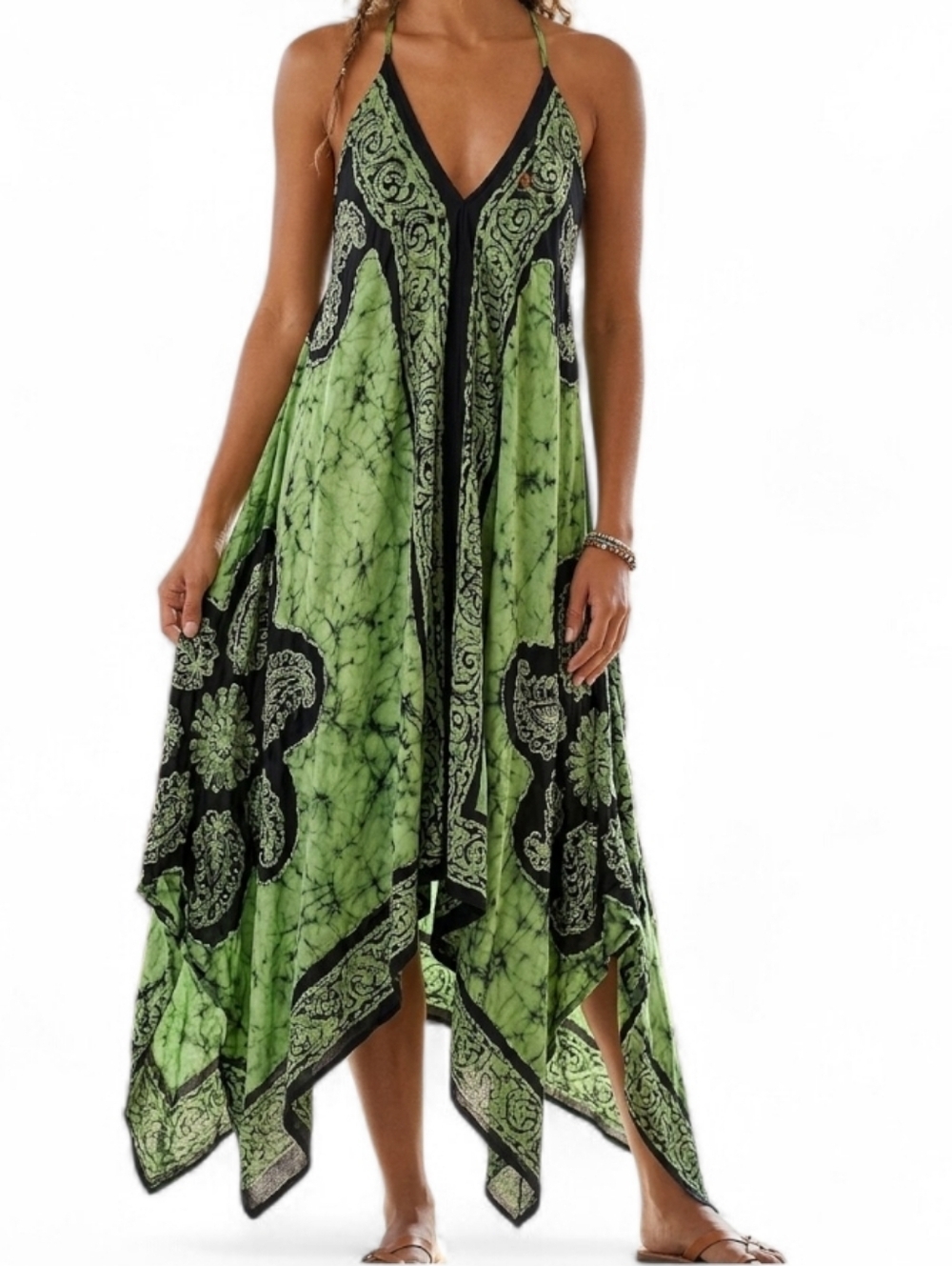 Bohemian Green Black Batik Embroidered V-Neck Sharkbite Hem Midi Dress Hippie